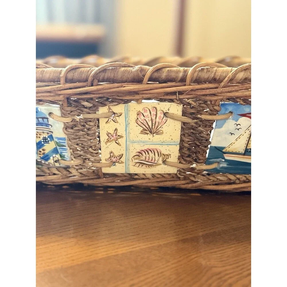 Wicker Oval Decorative Basket Nautical Tile Accents Brown Multicolor 16